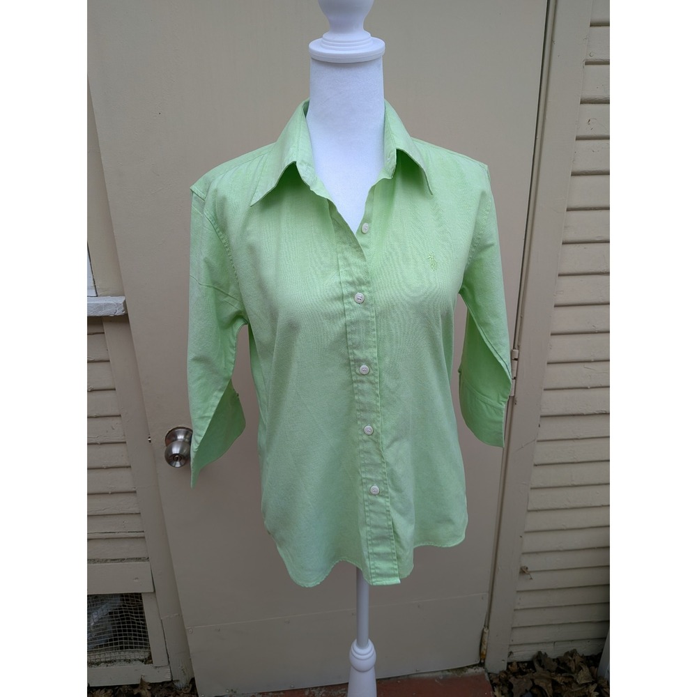 Ralph Lauren Y2K Lime Green Cotton 3/4 Sleeve Button Down Shirt Small